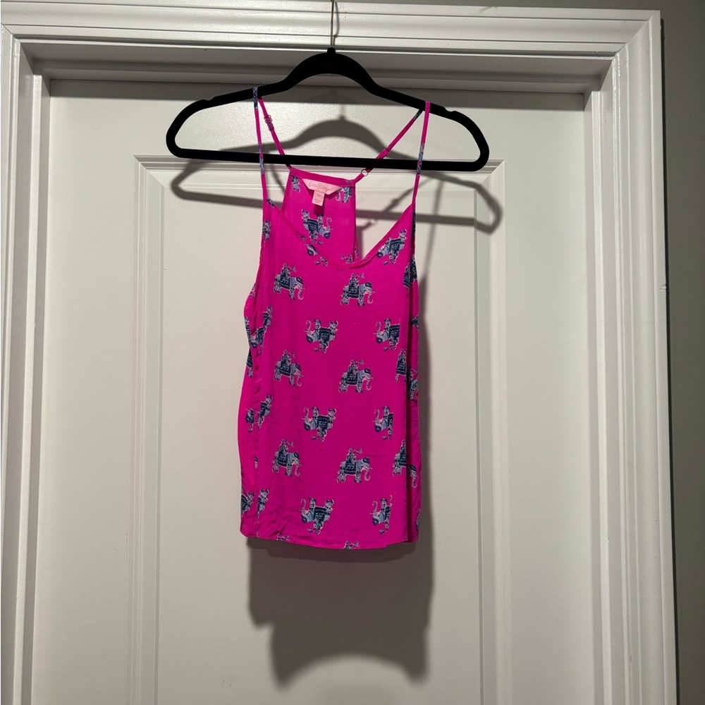 Lilly Pulitzer Dusk Racerback Tank Top Magenta Bazaar Elephant 100% Silk XSmall